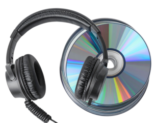 Stack of CDs with Headphones, Top-Down Flat-Lay, isolated transparent background png
