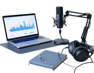Side Angle Business Podcast Setup with Charts and Headphones, isolated transparent background png
