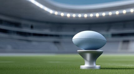 Close-Up of a Rugby Ball on a Stand in an Empty Stadium with Blurred Lights in the Background