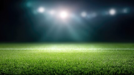Obraz premium Lush Green Grass Field Under Bright Stadium Lights with Bokeh Effect at Night for Sports and Event Concepts