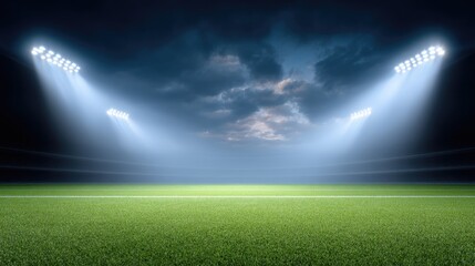 Dramatic Sports Field Under Floodlights with Dark Clouds and Green Grass