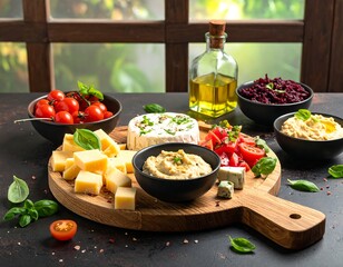 Wooden board with assorted cheeses, hummus, vegetables, and olive oil