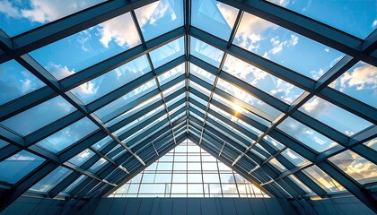 Architectural Skylight with Steel Beams and Blue Sky Overhead