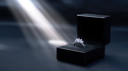Sparkling Diamond Engagement Ring in Elegant Black Jewelry Box with Soft Light Beam