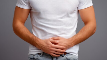 Young man in a white t-shirt holding his stomach while standing against a gray background, showing signs of discomfort or pain