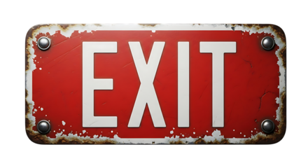 A weathered, rusty red exit sign with white lettering, isolated on a transparent background