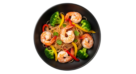Delicious shrimp and noodle stirfry with broccoli and bell peppers, isolated on transparent background