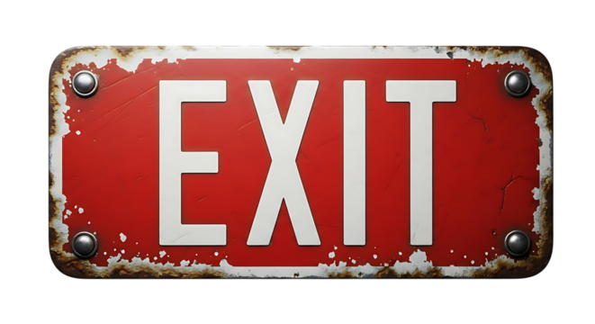 A weathered, rusty red exit sign with white lettering, isolated on a transparent background
