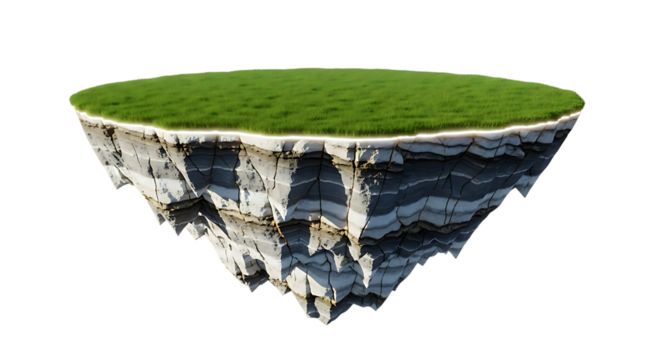 Floating island with green grass and rock layers isolated on transparent background
