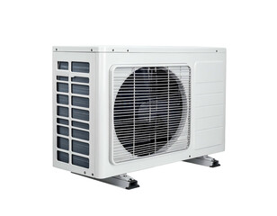 Fototapeta premium White rectangular outdoor HVAC unit with fan and protective grilles