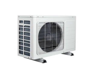 White rectangular outdoor HVAC unit with fan and protective grilles
