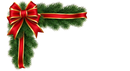 Christmas fir branch with a red ribbon and bow, isolated on transparent background