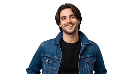 A smiling young man wearing a denim jacket and black tshirt, isolated on transparent background
