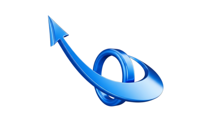 Blue arrow curving upwards and looping, isolated on transparent background