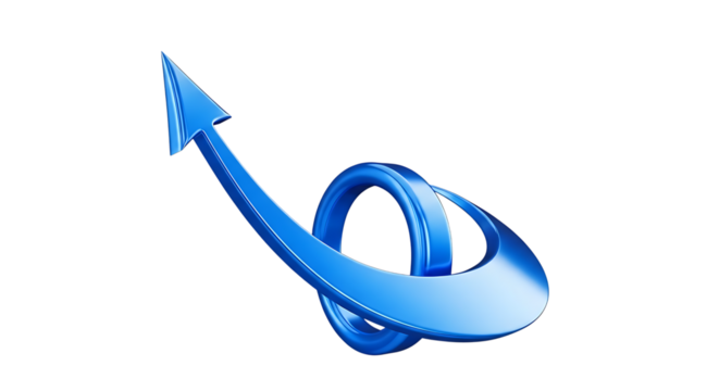 Blue arrow curving upwards and looping, isolated on transparent background