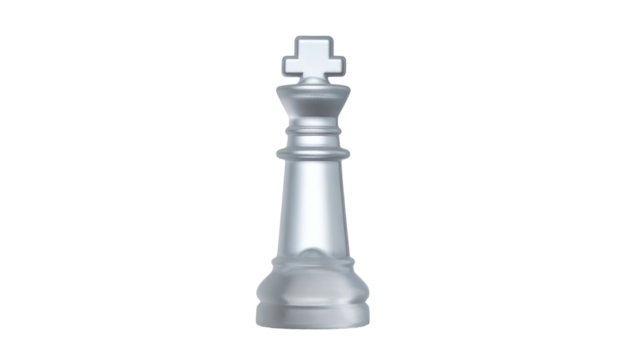 Silver chess king piece stands alone on a black background