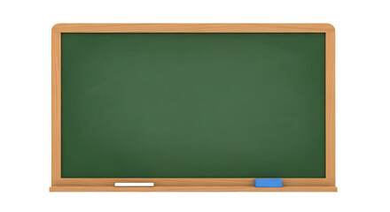 A green chalkboard with a wooden frame, isolated on transparent background, with a piece of white chalk and a blue eraser on the bottom ledge