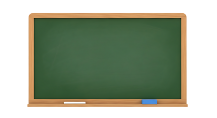 A green chalkboard with a wooden frame, isolated on transparent background, with a piece of white chalk and a blue eraser on the bottom ledge