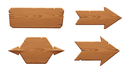 A collection of four rustic wooden signs and arrow shapes, isolated on transparent background, suitable for navigation or rustic decor