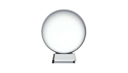Crystal ball, transparent sphere on silver pedestal against black background