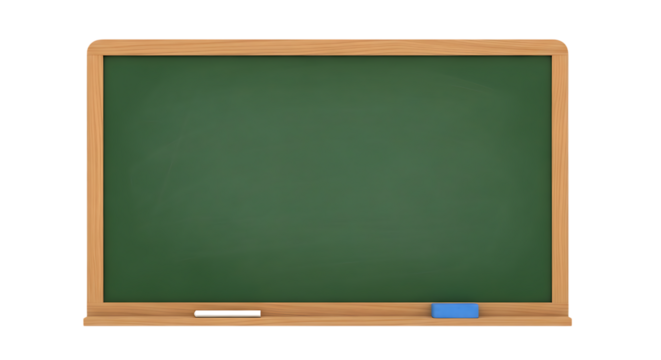 A green chalkboard with a wooden frame, isolated on transparent background, with a piece of white chalk and a blue eraser on the bottom ledge