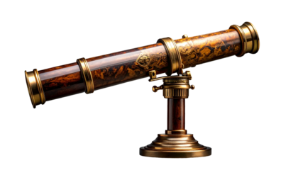 Antique telescope, wood and brass details, black background