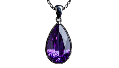 Elegant teardrop pendant, shimmering purple gemstone on a silver chain