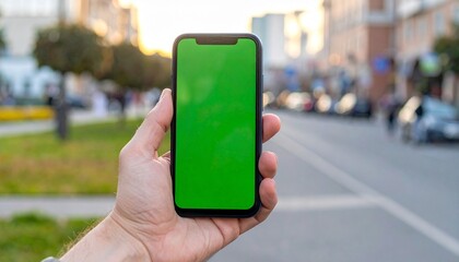 A person's hand holds a modern smartphone with a bright green screen, set against a blurred urban street background during daylight.