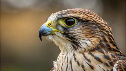 Obraz premium Majestic falcon profile captures intense gaze and feather detail in close-up portrait