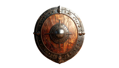 Obraz premium Ornate wooden shield with metal rim and detailed center