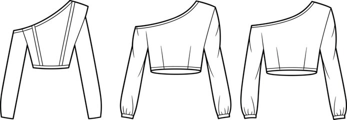 CAD flat vector fashion sketch of women’s one shoulder long sleeve crop top, asymmetrical neckline design, modern trendy apparel