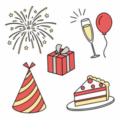 A collection of colorful cartoon birthday party elements including fireworks a gift box a party hat a slice of cake a champagne glass and a balloon on a white background