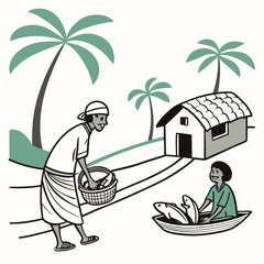 Obraz premium A fisherman sells his catch of fish from a boat to a villager carrying a basket in a tropical setting