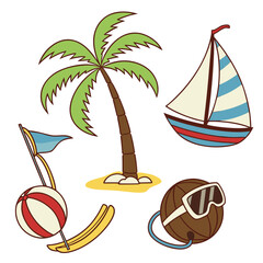 Collection of cartoon beach and vacation icons including a palm tree sailboat beach ball and snorkeling gear