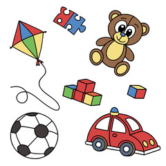 Collection of colorful cartoon toys including a kite teddy bear soccer ball building blocks puzzle pieces and a toy car on a white background
