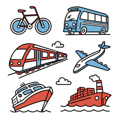 Collection of colorful flat design icons representing various modes of transportation including a bicycle bus train airplane ferry and cargo ship