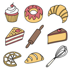 Collection of delicious baked goods and baking tools including cupcakes donuts croissants cake slices rolling pin and whisk