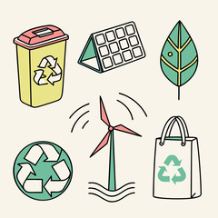 Collection of eco friendly icons including recycling bin solar panel wind turbine leaf and reusable shopping bag