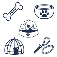 Collection of cute cartoon dog and pet care icons including a bone food bowl cage leash and a dog in a carrier