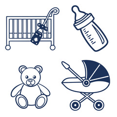 Collection of hand drawn baby icons including a crib baby bottle teddy bear and stroller on a white background