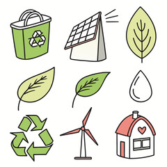 Collection of hand drawn icons representing environmental sustainability and green energy solutions for a healthier planet