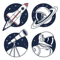 Collection of four circular space themed illustrations featuring a rocket ship astronaut helmet planet telescope and astronaut suit