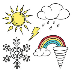 Collection of hand drawn weather icons including sun rain cloud lightning bolt snowflake rainbow and tornado on a white background