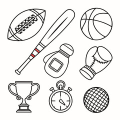 Collection of hand drawn sports equipment icons including a football baseball bat basketball boxing gloves trophy stopwatch and netball on a white background