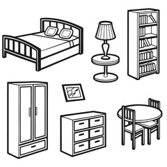 Collection of isolated black and white line art drawings of bedroom and living room furniture including a bed dresser wardrobe table with chairs bookshelf and lamp