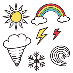 Collection of hand drawn weather icons including sun rainbow clouds lightning tornado snowflake and wind