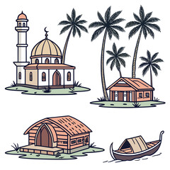 Collection of islamic mosque traditional houses palm trees and a boat in a tropical island setting