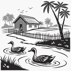 Idyllic rural scene featuring ducks swimming in a pond near a quaint house and palm trees