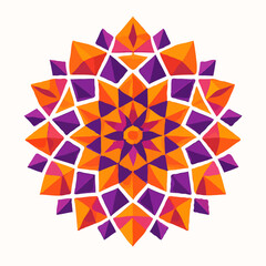 Vibrant geometric mandala vector with star-like pattern in orange, pink, and purple. Symmetrical decorative design, transparent background, perfect for Diwali, art, yoga, and festive projects.
