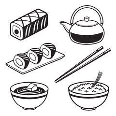 Simple black and white line art illustration of a japanese meal including sushi rolls miso soup rice chopsticks and a teapot
